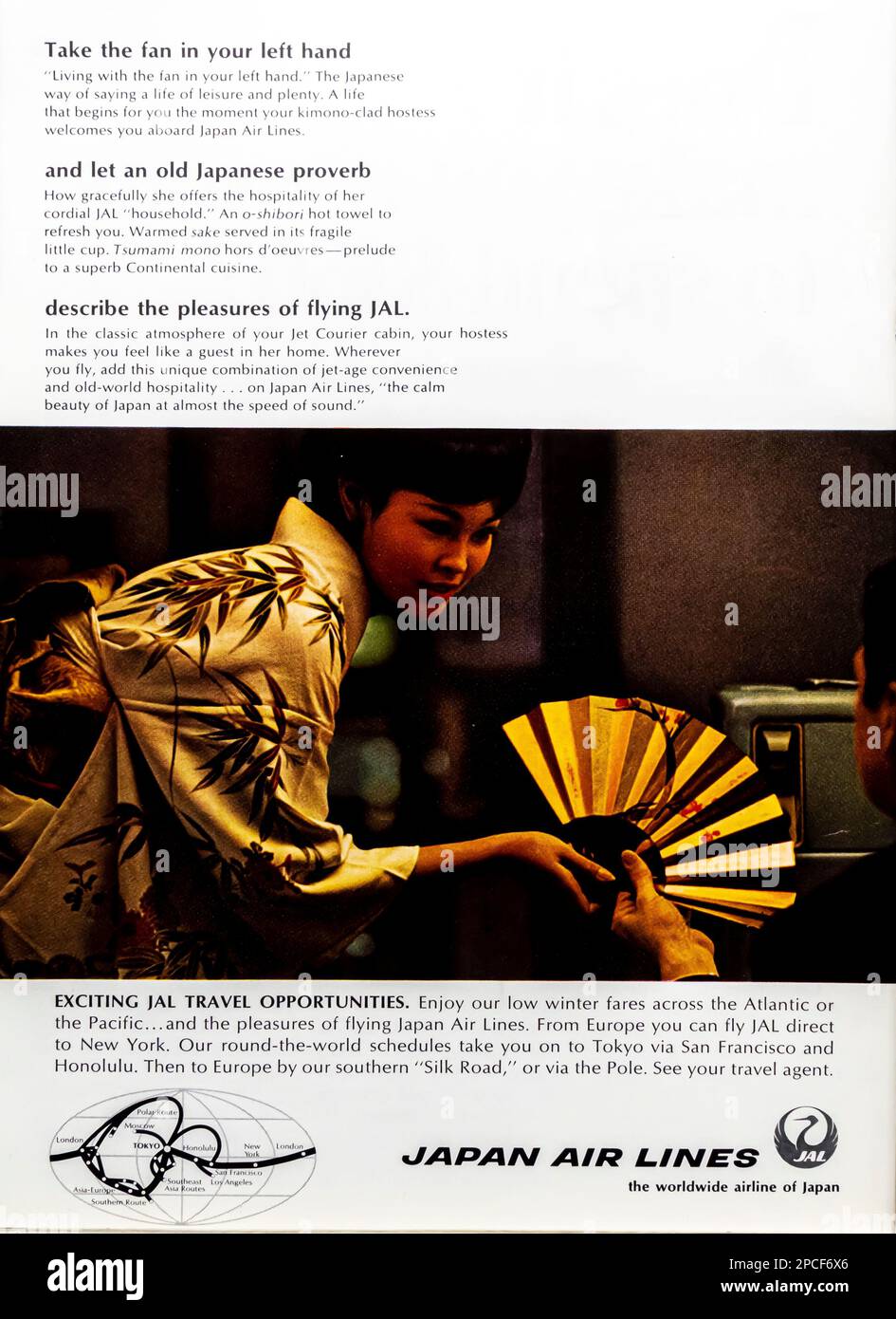 Pubblicità Japan Air Lines in una rivista NatGeo marzo 1968 Foto Stock