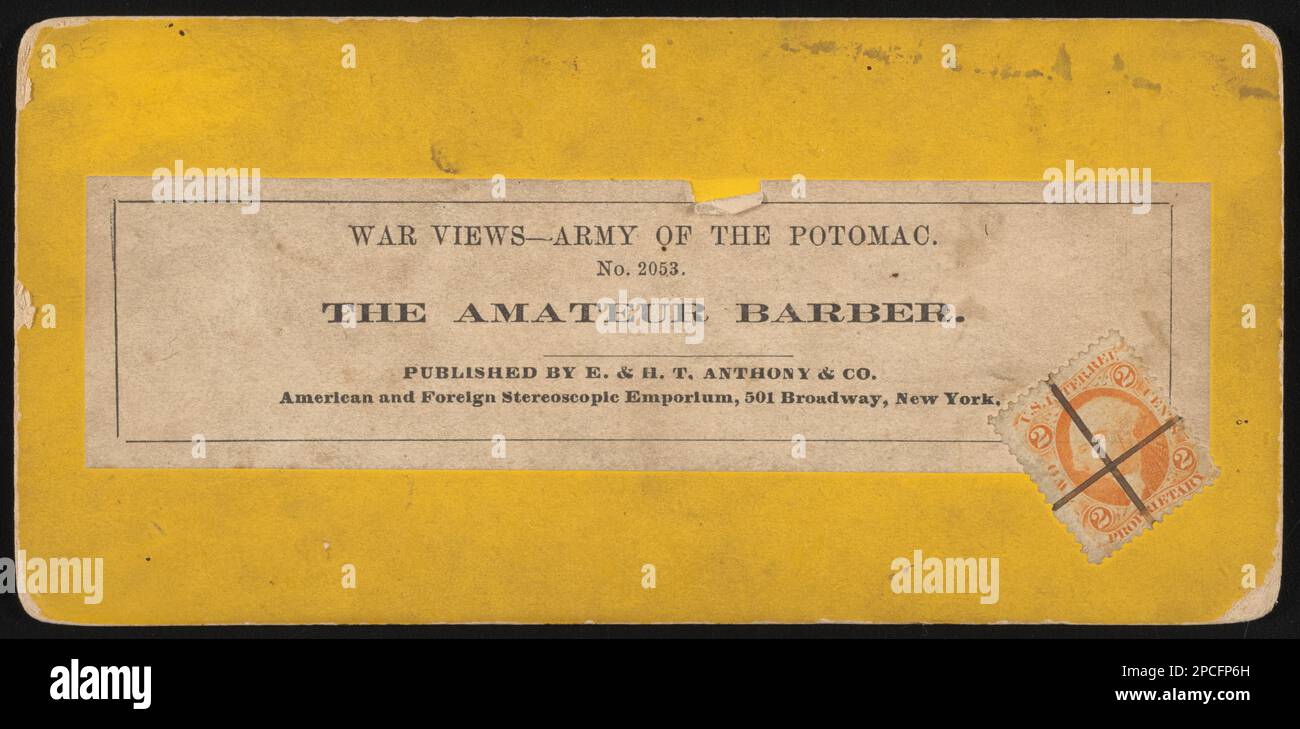 Il Barbiere dilettante / E. & H.T. Anthony & Co., American and Foreign stereoscopic Emporium, 501 Broadway, New York. Liljenquist Famiglia Collezione di fotografie della Guerra civile , pp/liljpaper. Stati Uniti, Esercito, persone, 1860-1870, soldati, Union, 1860-1870, Barbering, 1860-1870, uniformi militari, Union, 1860-1870, Stati Uniti, Storia, Guerra civile, 1861-1865, personale militare, Unione. Foto Stock