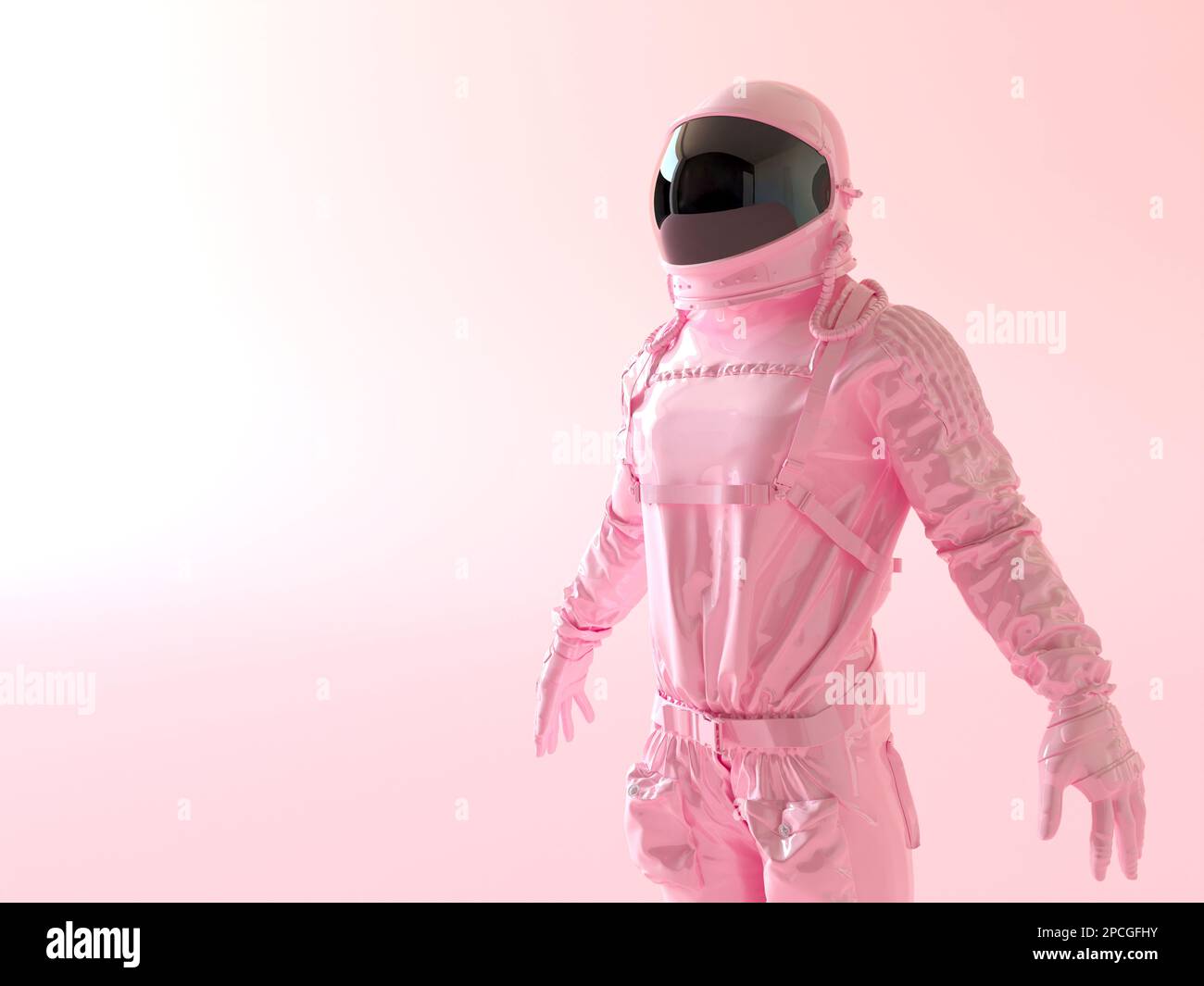 Tuta spaziale rosa futuristica, astronauta femminile su sfondo rosa. Astronauta. Moda spaziale, arte innovativa, donne spaziali. illustrazione di rendering 3d. Foto Stock