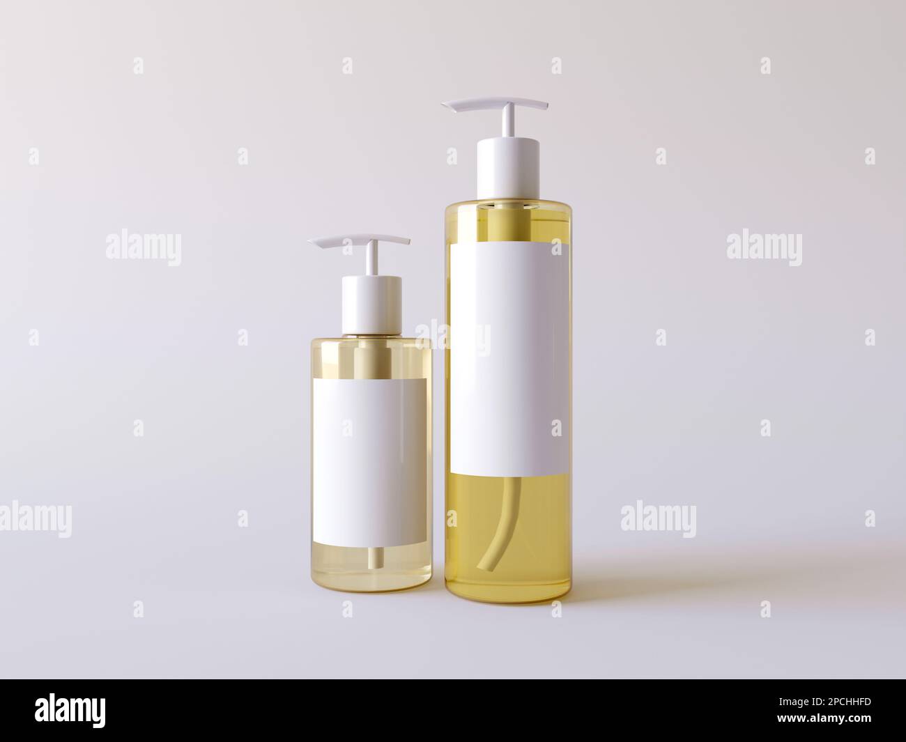 Due bottiglie di vetro trasparente con un tiralatte bianco. Etichette bianche vuote mockup cosmetico, liquido giallo in bottiglia, olio idrofilo, tonico, lozione corpo isolata Foto Stock