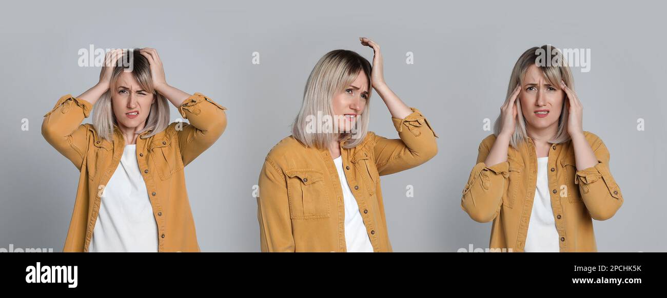 Collage con foto di donna che soffre di mal di testa su sfondo grigio chiaro. Design del banner Foto Stock