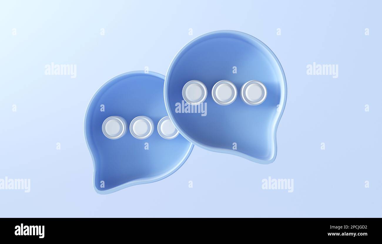 Simbolo del segno di due commenti o conversazione a bolle su sfondo blu. Bolla sociale della recensione del cliente. illustrazione di rendering 3d. Foto Stock