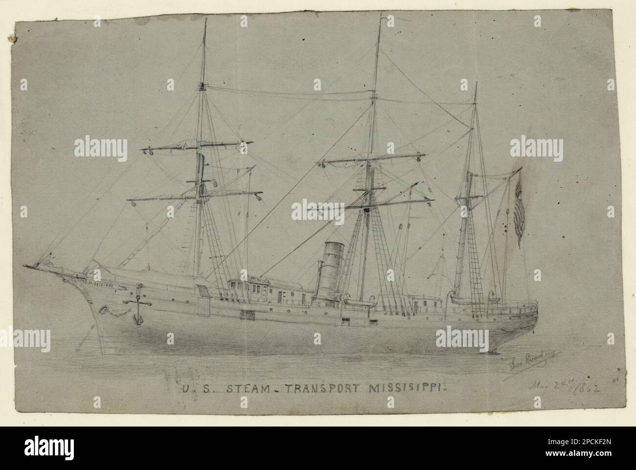 STATI UNITI Steam Transport Mississippisic. Firmato in basso a destra: Lars Everding, titolo inscritto sotto l'immagine, inscritto in basso a destra: Maggio 24th 1862, Fonte sconosciuta. Mississippi (nave), 1860-1870, Ships, 1860-1870, Stati Uniti, History, Civil War, 1861-1865, Transportation, Stati Uniti Foto Stock