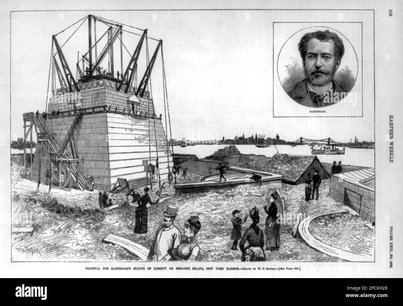 1885 ca, New York , USA : l'architetto e scultore francese FREDERIC AUGUSTE BARTHOLDI (Colmar, Alsace 1834 - 1904 ). Piedistallo per la Statua della libertà di Bartholdi a Bedloe's Island, New York Harbor , incisione settimanale HARPER ( 1885 giugno 6 ). Bartholdi fu uno scultore francese che studiò originariamente la pittura sotto Ari Scheffer. Tra le sue principali sculture figurano la "Switzerland Succoring Strabourg", a Basilea, in Svizzera, le statue a Colmar, a Clermont-Ferrand, A Belfort, a Parigi, e a Union Square a New York. Si dice che sia stato un Freemason. Il volto della Statua della libertà è sa Foto Stock