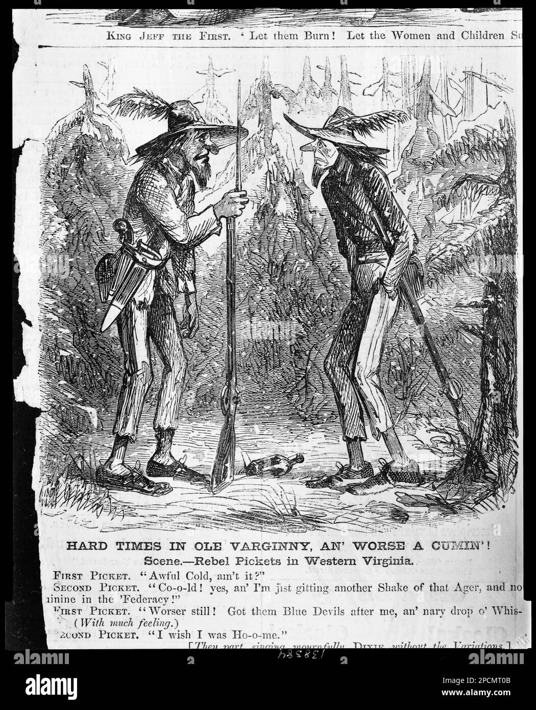 Tempi duri in Ole Varginny, un più difettoso un cumin '! Scene--Rebel pickets in Virginia Occidentale / / J.MCL.. Titolo dell'articolo, Cartoon ha firmato 'J.MCL.' nell'angolo in basso a sinistra, Illus. In: Settimanale Harper, v. 6, n. 262 (1862 gennaio 4), pag. 16 (in basso). Soldati, Confederato, Virginia, 1860-1870, freddo, 1860-1870, paura, 1860-1870, Guardie, Virginia, 1860-1870, Quinine, 1860-1870, Stati Uniti, Storia, Guerra civile, 1861-1865, personale militare, confederato. Foto Stock