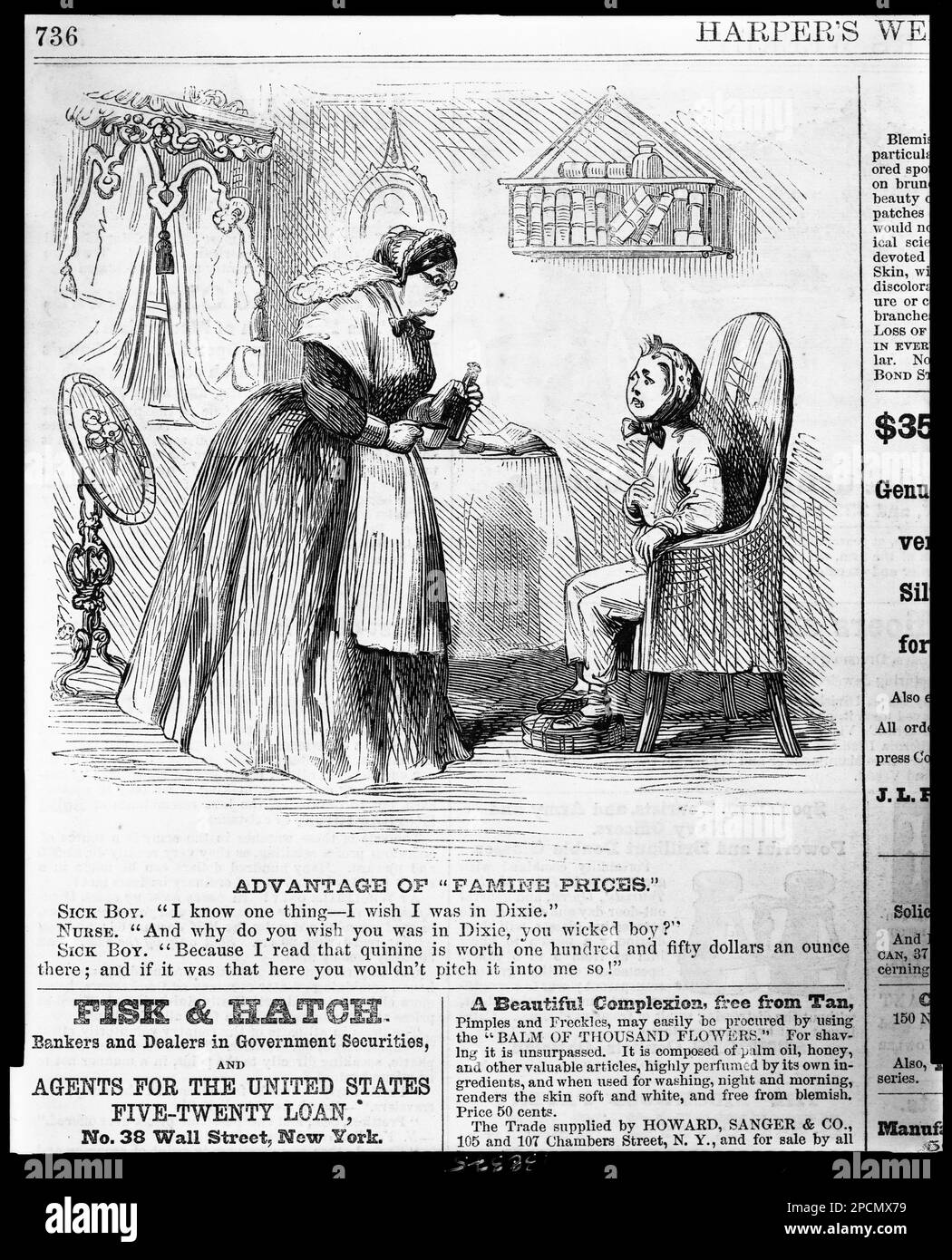 Vantaggio dei "prezzi della carestia". Titolo dell'articolo, Illus. In: Settimanale Harper, v. 7, n. 359 (1863 novembre 14), pag. 736. Infermieri, 1860-1870, bambini malati, 1860-1870, Quinine, 1860-1870, Stati Uniti, Storia, Guerra civile, 1861-1865, Aspetti economici e industriali, Stati Uniti, Storia, Guerra civile, 1861-1865, Aspetti sociali, Stati Uniti, Storia, Guerra civile, 1861-1865, Aspetti medici. Foto Stock