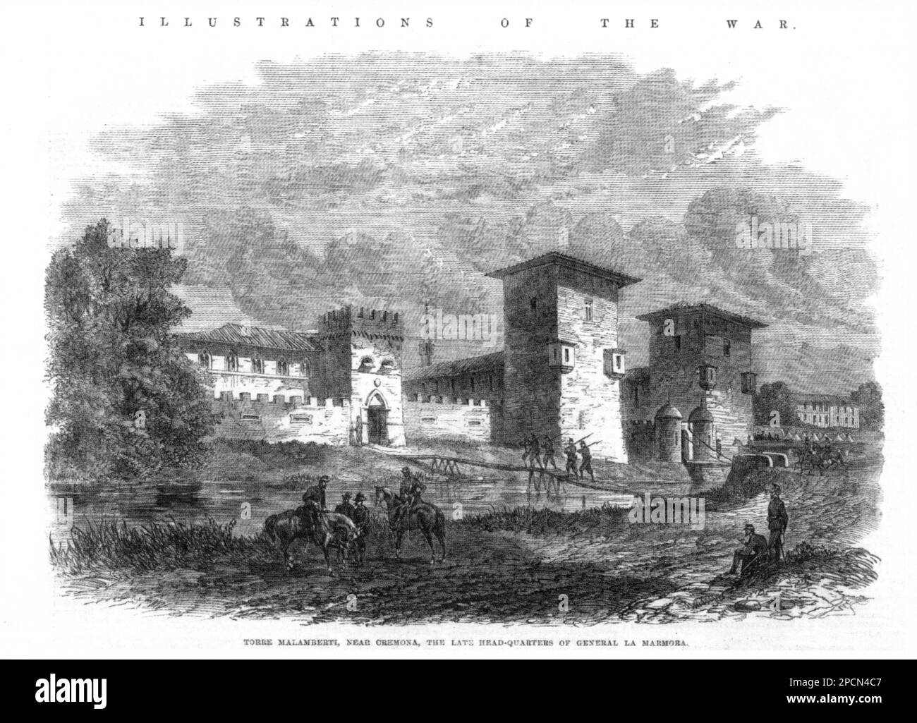 1860 ca , Torre de Picenardi , CREMONA , ITALIA : il castello del marchese ITALIANO SOMMI PICENARDI ( ex Torre Malamberti ) nei pressi di Cremona, quando fu il tardo quartiere generale italiano LA MARMORA . Illustrazione della RIVISTA britannica ILLUSTRAZIONE DELLA GUERRA - GUERRA D' INDIPENDENZA dall'AUSTRIA - nobiltà italiana - nobiltà - Marchese - incisione - illustrazione - castello - torre ----- Archivio GBB Foto Stock