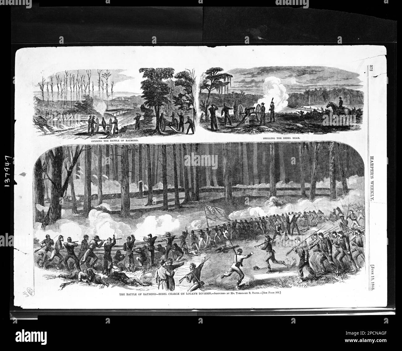 La battaglia di Raymond / abbozzato da Theodore R. Davis.. Titolo dell'articolo, Illus. In: Settimanale Harper, v. 7, n. 337 (1863 giugno 13), pag. 372. Soldiers, Union, Mississippi, 1860-1870, Campagne e battaglie, Mississippi, 1860-1870, Stati Uniti, Storia, Guerra civile, 1861-1865, Campagne e battaglie. Foto Stock