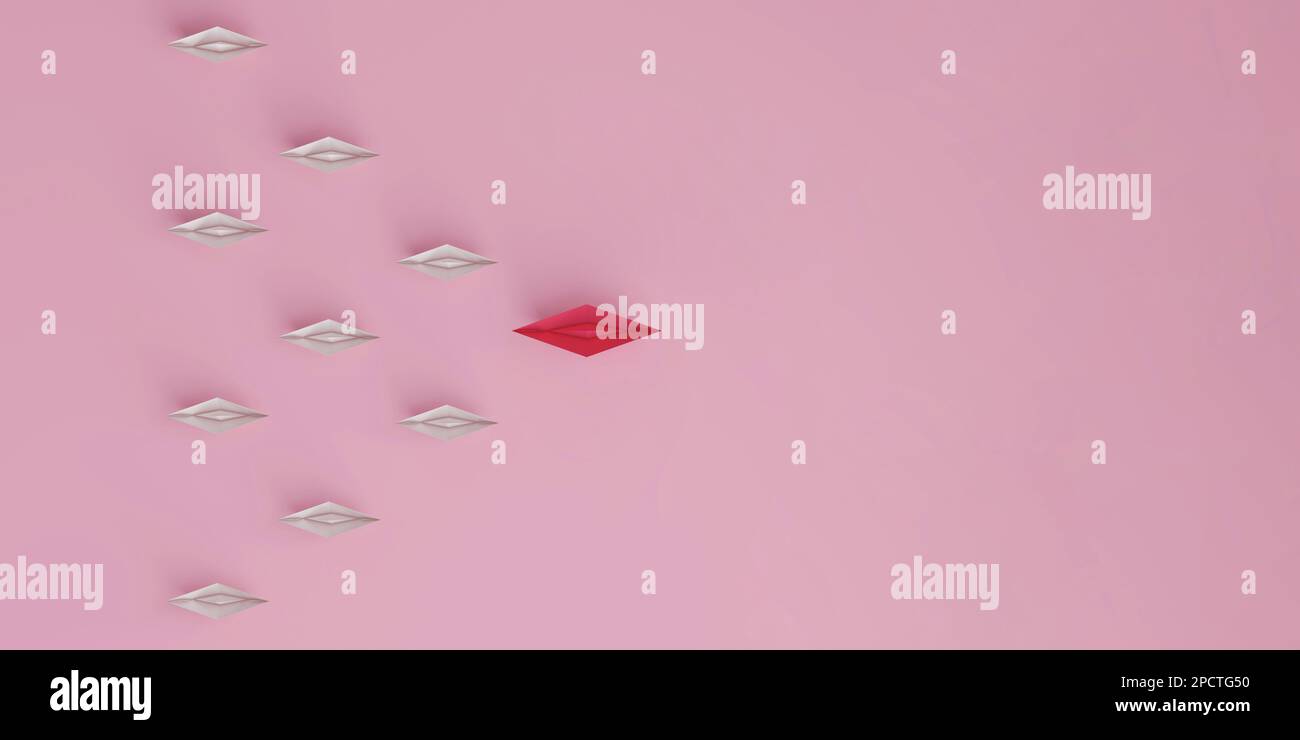 La barca di carta porta rosa seguita da un'altra barca bianca su sfondo rosa. Concetto di social media o follower su Internet. Rendering 3D. Foto Stock