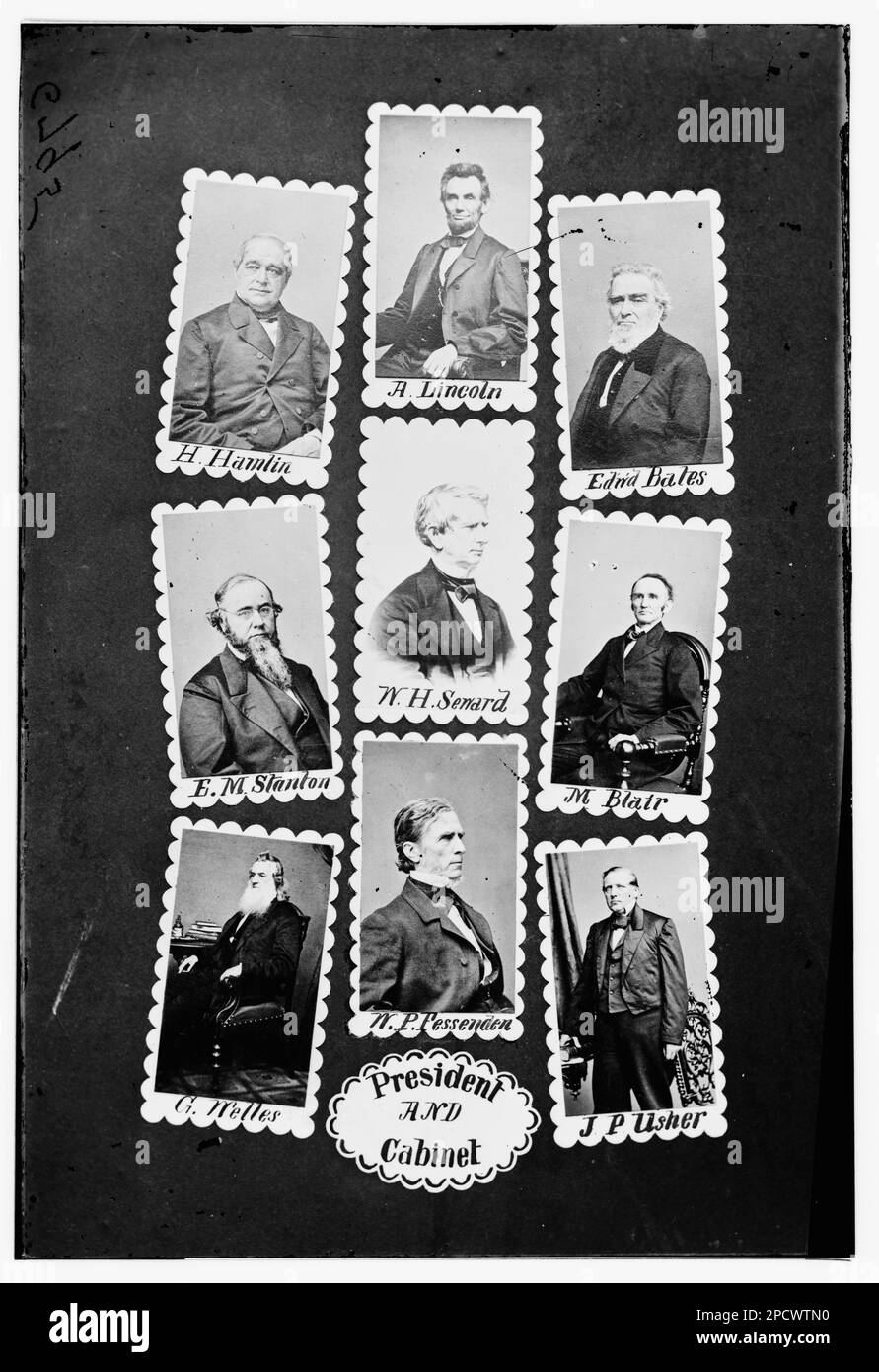 Presidente e Gabinetto: H. Hamlin, A. Lincoln, EDW'd Bates, E.M. Stanton, W.H. Seward, M. Blair, G. Welles, W.P. Fessenden e J.P. Usher. Fotografie della guerra civile, 1861-1865 . Stati Uniti, Storia, Guerra civile, 1861-1865. Foto Stock