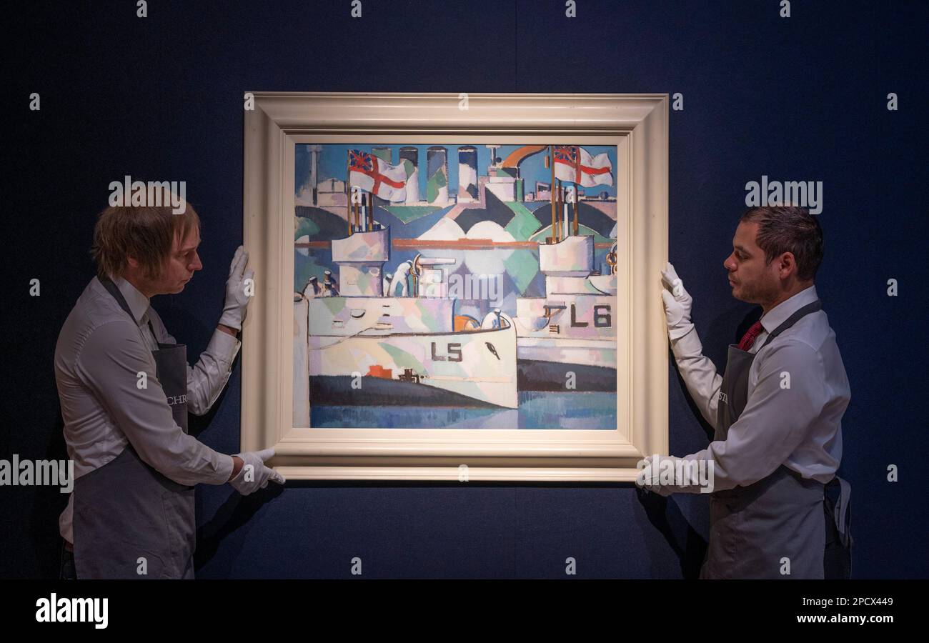 Christie’s, Londra, Regno Unito. 14 marzo 2023. Esempi di opere moderne del movimento d'arte britannico e irlandese offerte dai movimenti pittori e scultori rivoluzionari in vendita il 21 marzo 2023. Le attrazioni includono: John Duncan Fergusson (1874-1961). Sottomarini e corazzata mimetizzazione, stima £ 400.000-600.000. Credit: Malcolm Park/Alamy Live News. Foto Stock