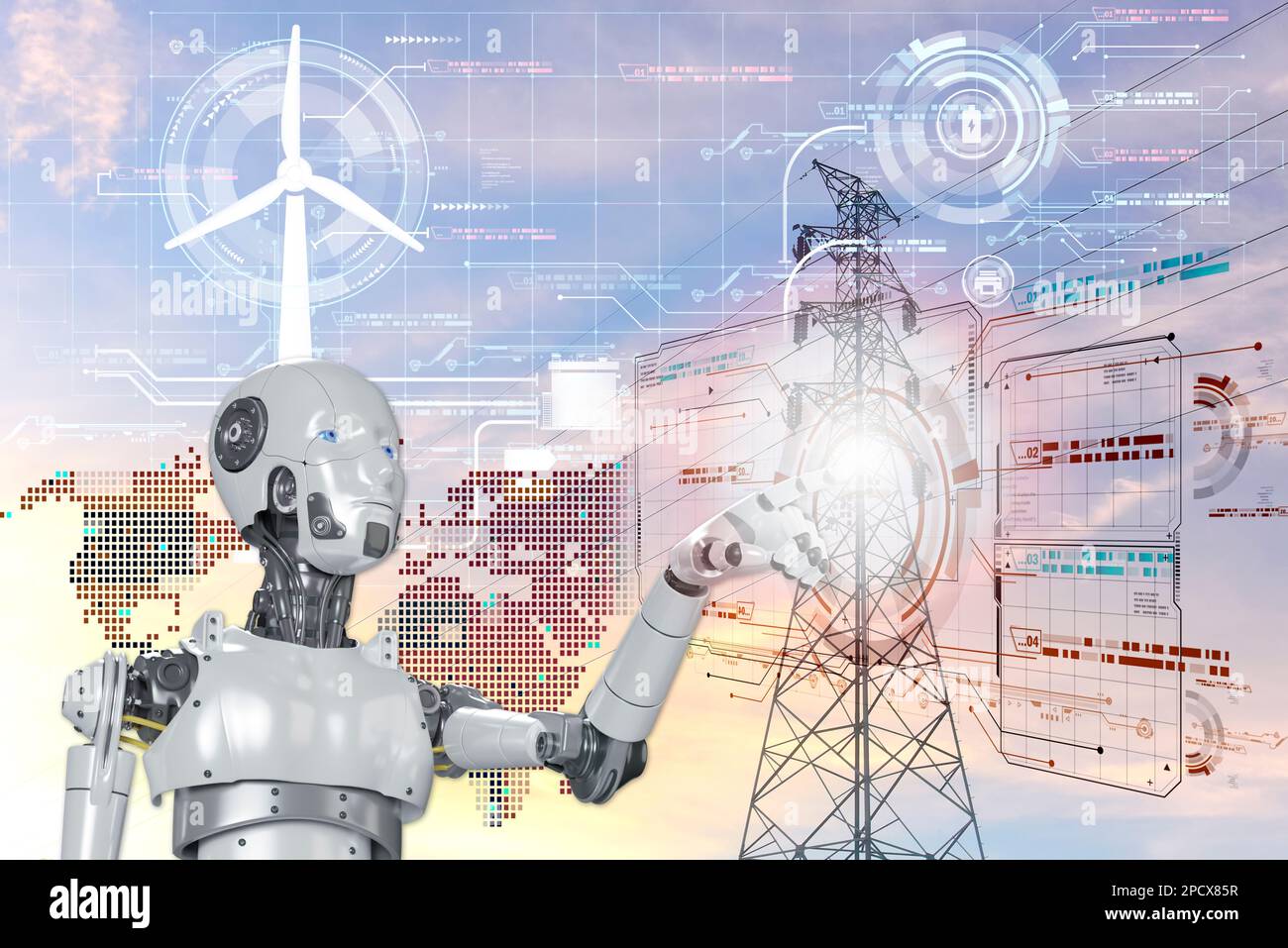 Vista di un sistema di immagazzinamento dell'energia Cyborg a o concetto di energia intelligente. su sfondo del polo ad alta tensione sfocato. Foto Stock