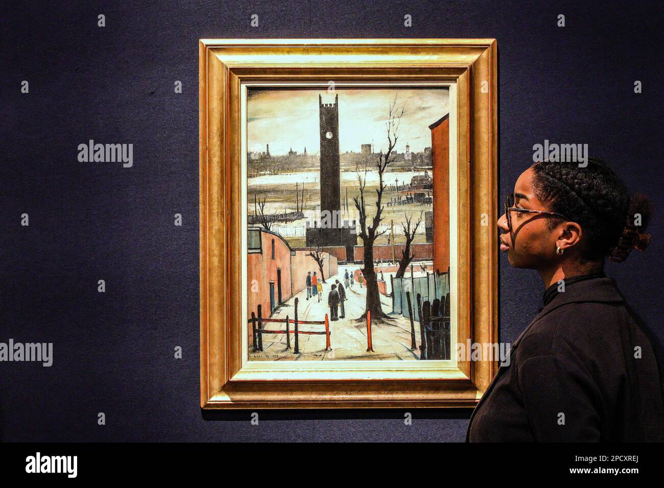 Londra UK 14 marzo 2023 Laurence Stephen Lowry, R.A. The Clock Tower Est £400.000- £600.000 Modern British and Irish Art Evening sale, martedì 21 marzo 2023. Paul Quezada-Neiman/Alamy Live News Foto Stock