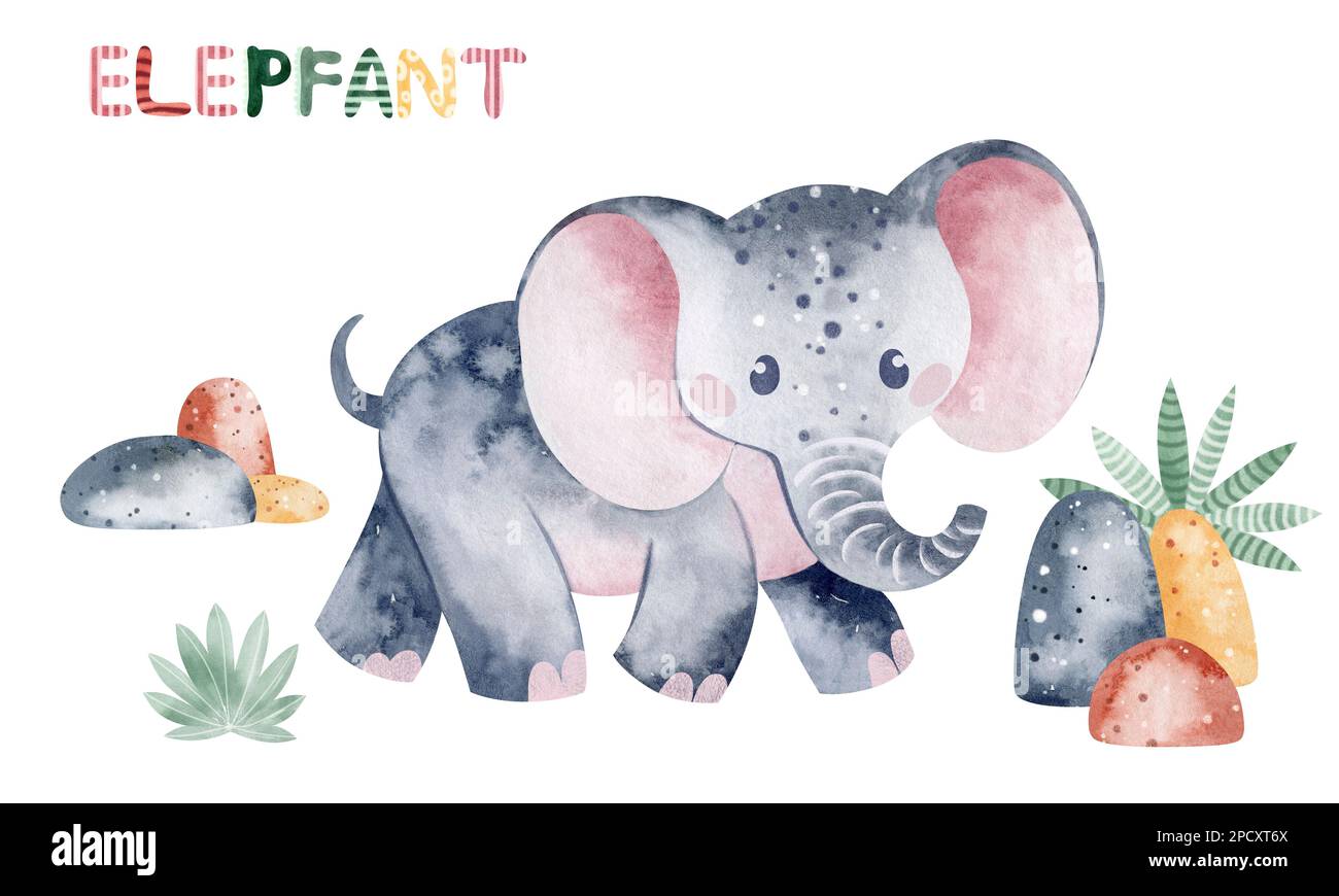 Illustrazione acquerello elefante del bambino. Illustrazione per bambini di un animale africano. Disegno del libro. Foto Stock