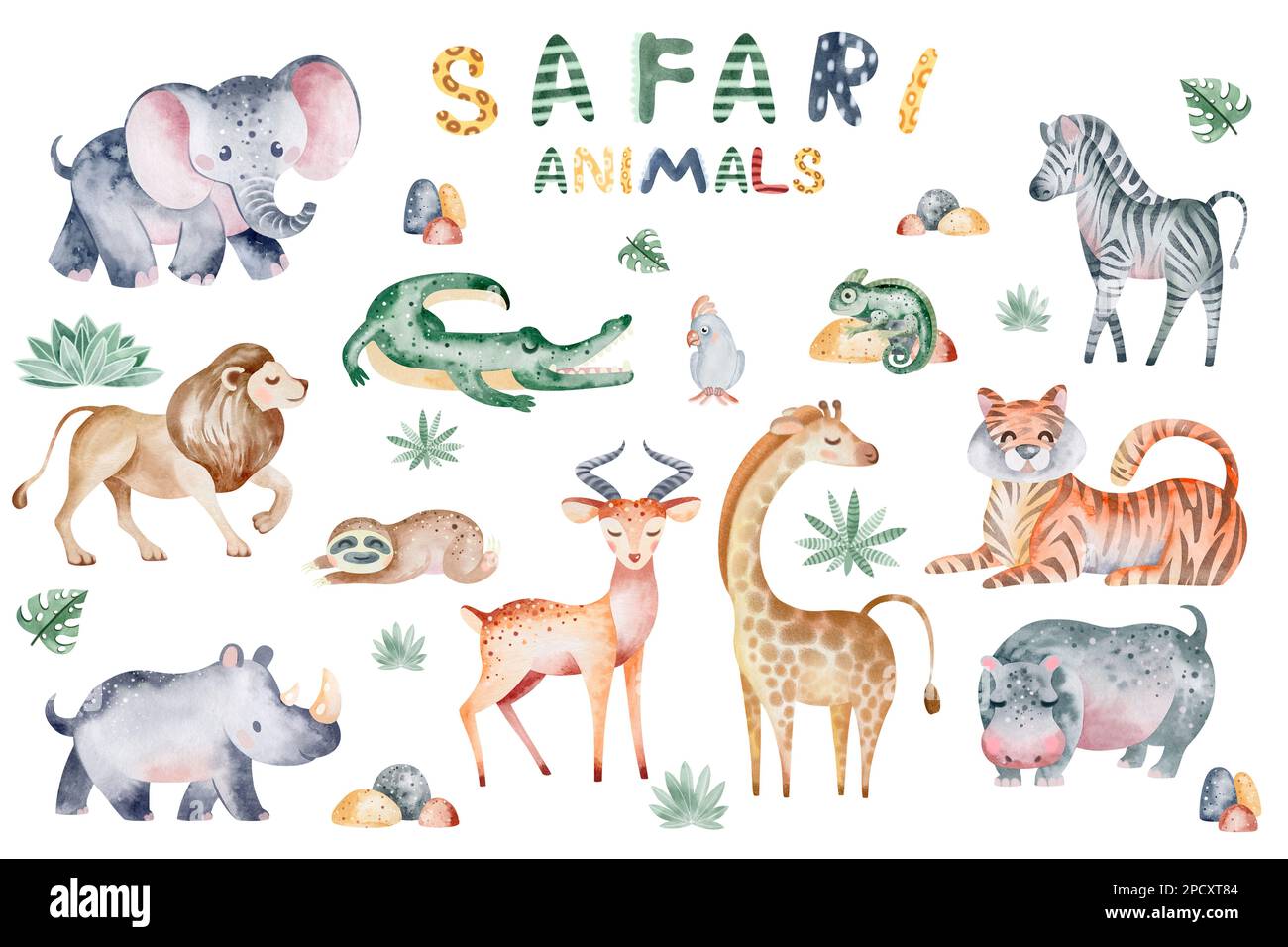 Belle illustrazioni di acquerello tropicale di animali, piante, zebra, giraffa, tigre, leone, elefante, rinoceronte, sciocco. Isolato su sfondo bianco Foto Stock