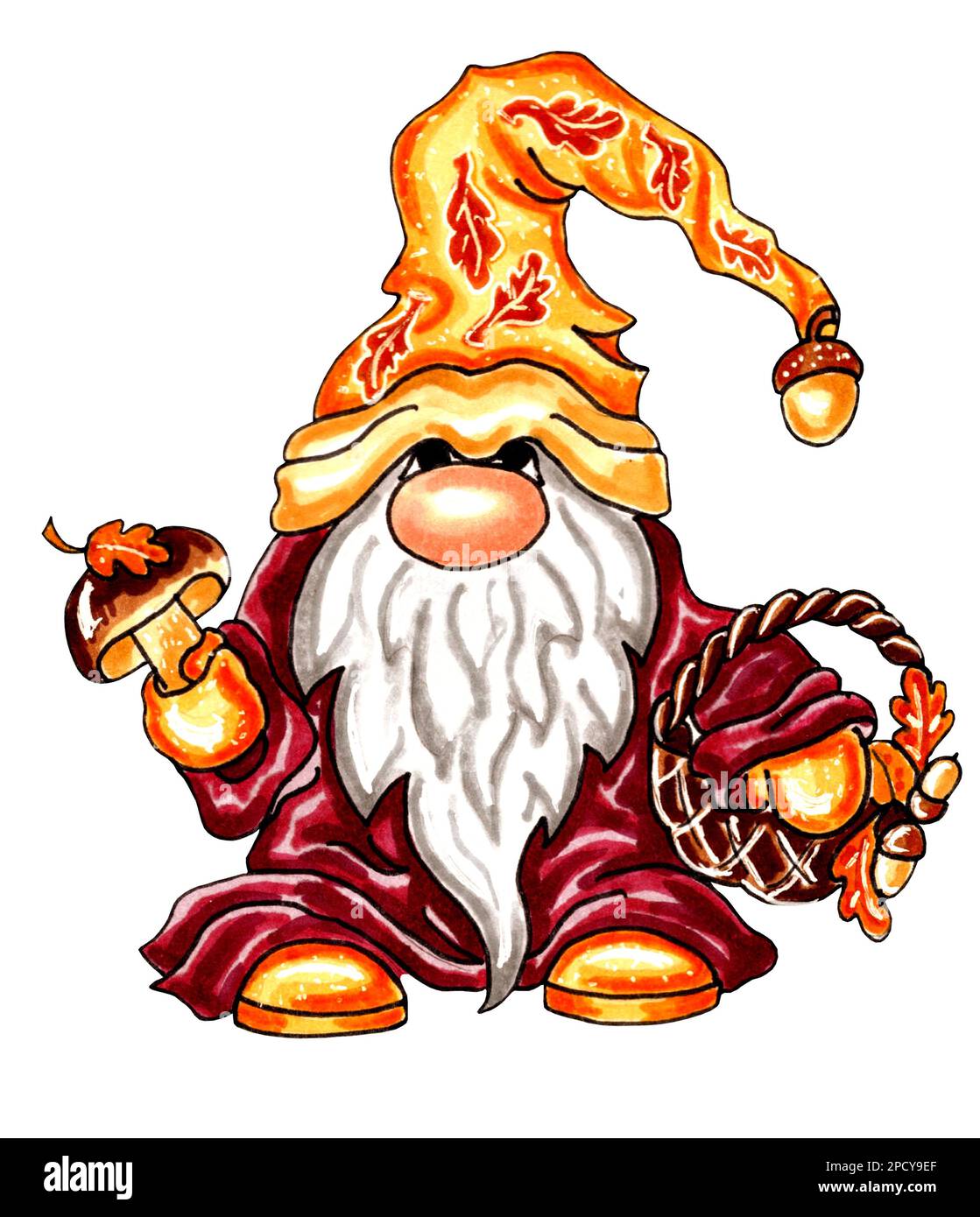 GNOME in berretto rosso con foglie di rovere, con un fungo e un cesto di ghiande. Immagine JPEG. Foto Stock