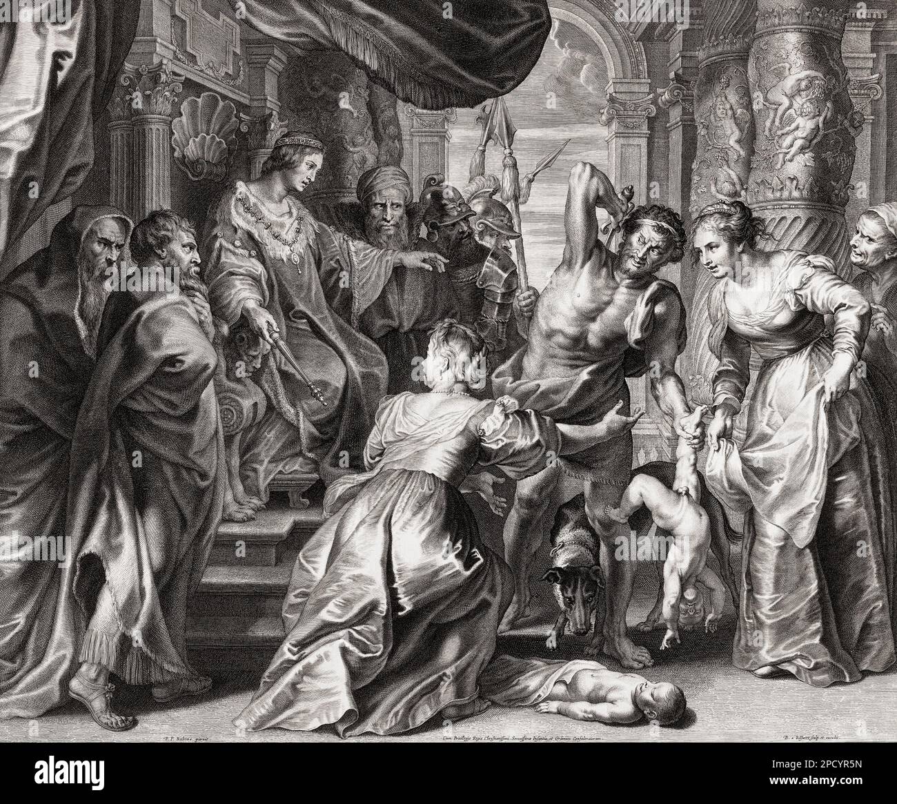 Re Salomone ordinare un bambino di essere tagliato a metà è un racconto popolare della sua saggezza come giudice. Appare nel Libro dei Re della Bibbia ebraica (1 Re 3:16-28). Due donne si avvicinarono a lui sostenendo di essere la madre di un particolare bambino. Salomone suggerì di tagliare il bambino a metà e di dare a ciascuna donna metà del bambino. Una donna accettò, l'altra implorò a Salomone di dare il bambino all'altra donna di risparmiare la vita del bambino. Salomone dichiarò la donna che mostrò compassione di essere la vera madre e gli consegnò la custodia del bambino. Da un'incisione di Boetius a Bolswert dopo il dipinto di Foto Stock