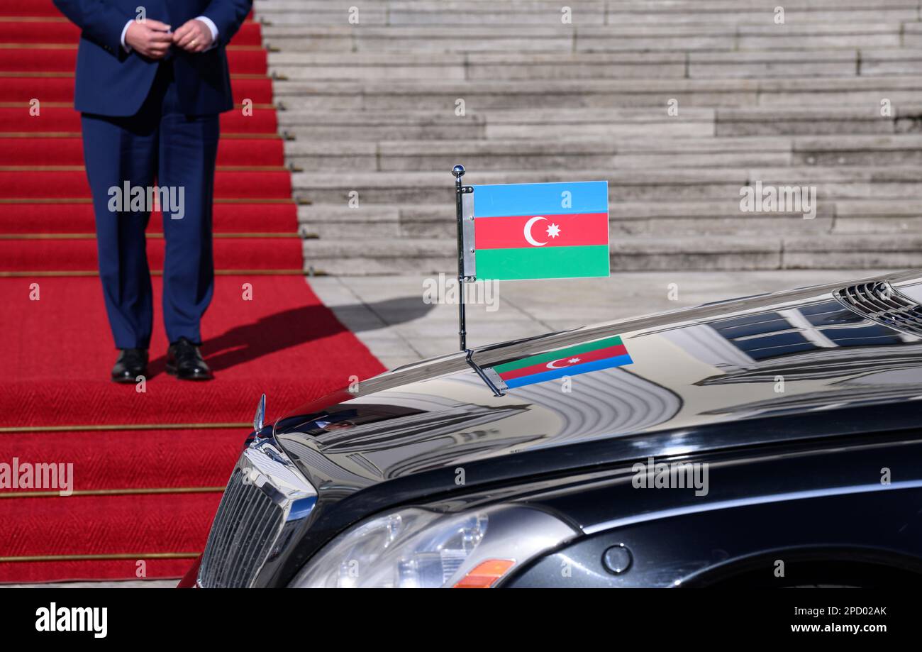 Berlino, Germania. 14th Mar, 2023. Il presidente tedesco Frank-Walter Steinmeier (l) riceve Ilham Aliyev, presidente dell'Azerbaigian, per i colloqui al Palazzo Bellevue. Credit: Bernd von Jutrczenka/dpa/Alamy Live News Foto Stock