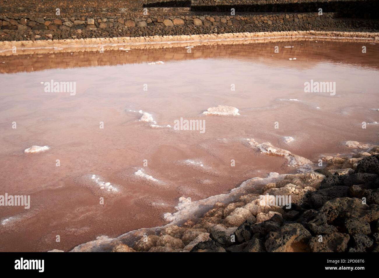 I cristalli di sale che si formano come soluzione di sale evapora e si concentra in piscina di evaporazione a salinas de janubio Salt Flats Lanzarote, Isole Canarie, Spa Foto Stock