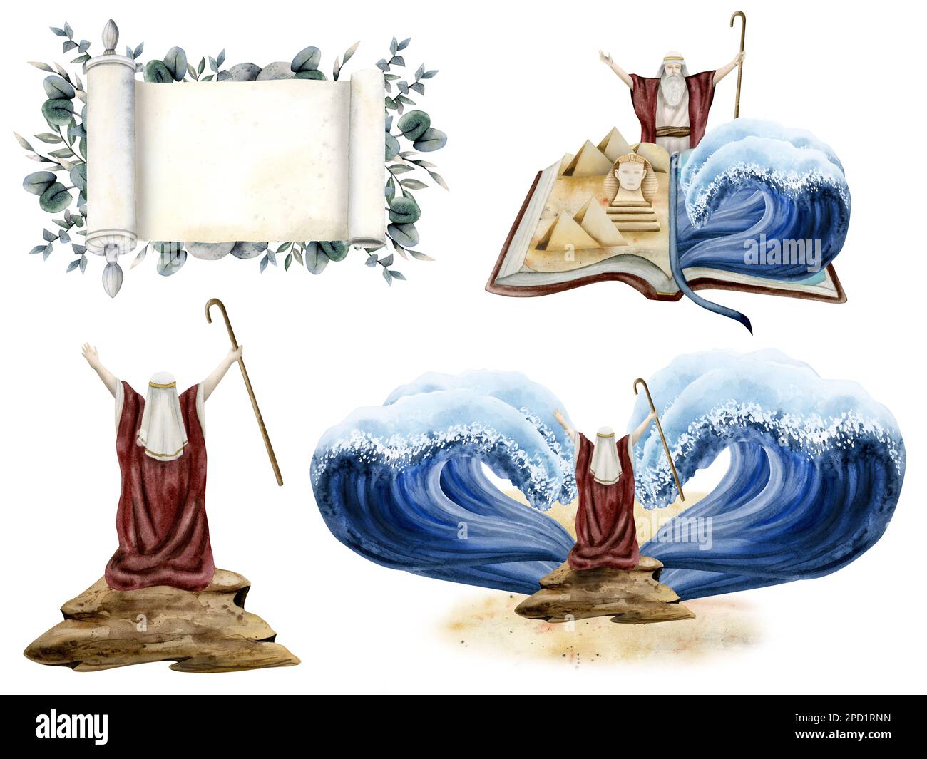 Passover Haggadah acquerello esodo insieme di illustrazione con Mosè che separa il Mar Rosso. La storia della Bibbia ebraica, Pesach scroll. Foto Stock