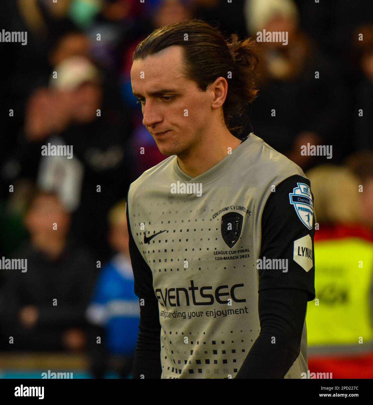 Jamie Glackin, lettore FC Coleraine. BetMcLean Cup Final 2023, Linfield Vs Coleraine. Stadio nazionale al Windsor Park, Belfast. Foto Stock