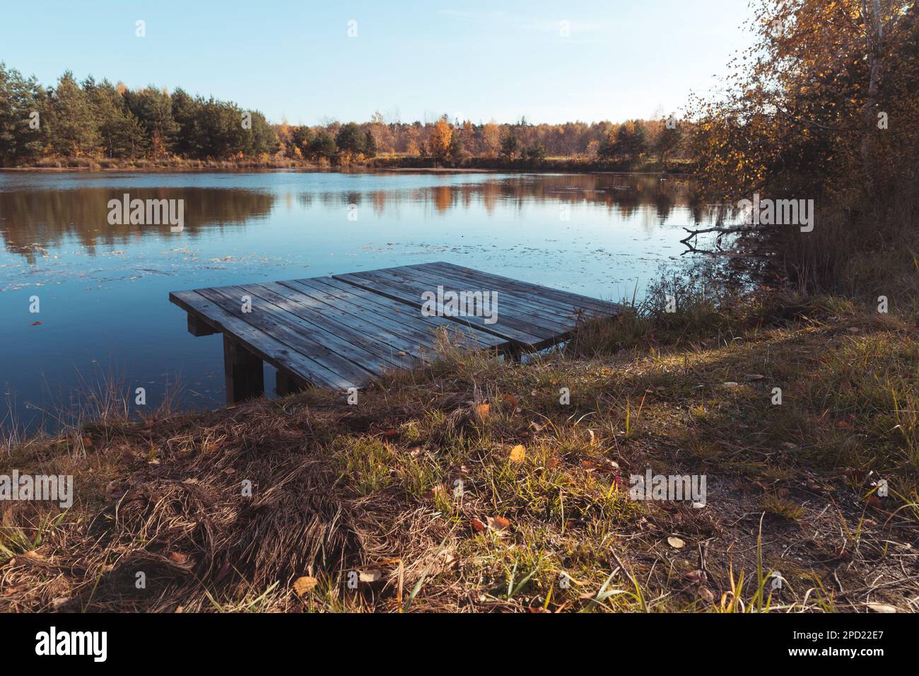 Una piattaforma in legno sulla riva di uno stagno o lago. Foto Stock