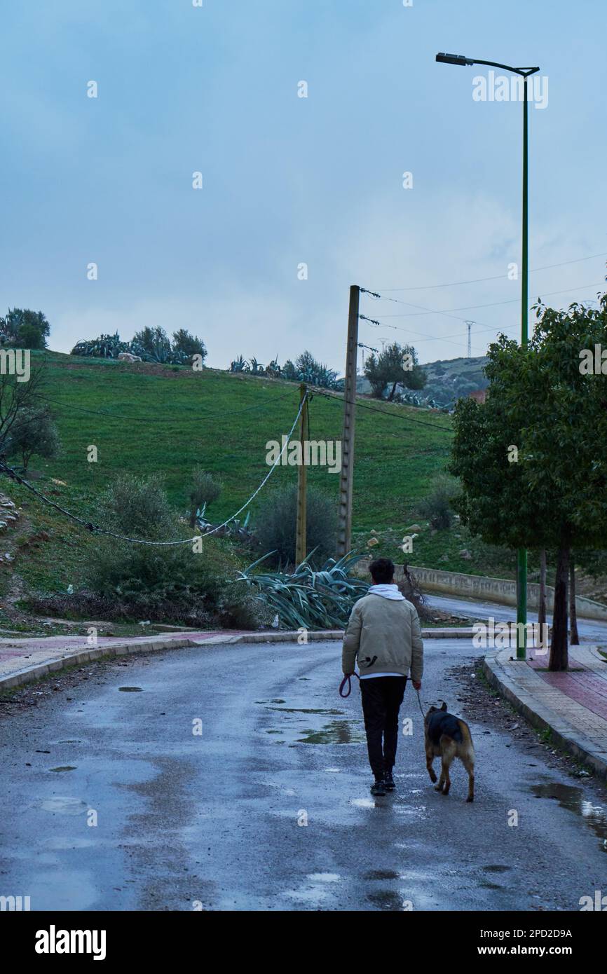 Un giovane uomo con il cane in una giornata di pioggia Foto Stock