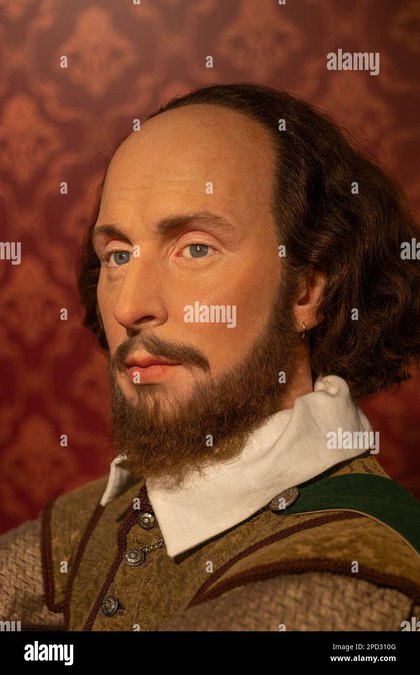 Ritratto di William Shakespeare nel museo delle cere di Madame Tussauds a Berlino, Germania. Figura in cera di drammaturgo, poeta e attore inglese. Foto Stock