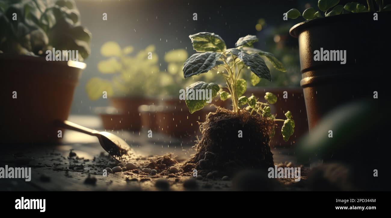 Illustrazione generata dall'intelligenza artificiale di piante in una serra con foglie verdi vibranti Foto Stock
