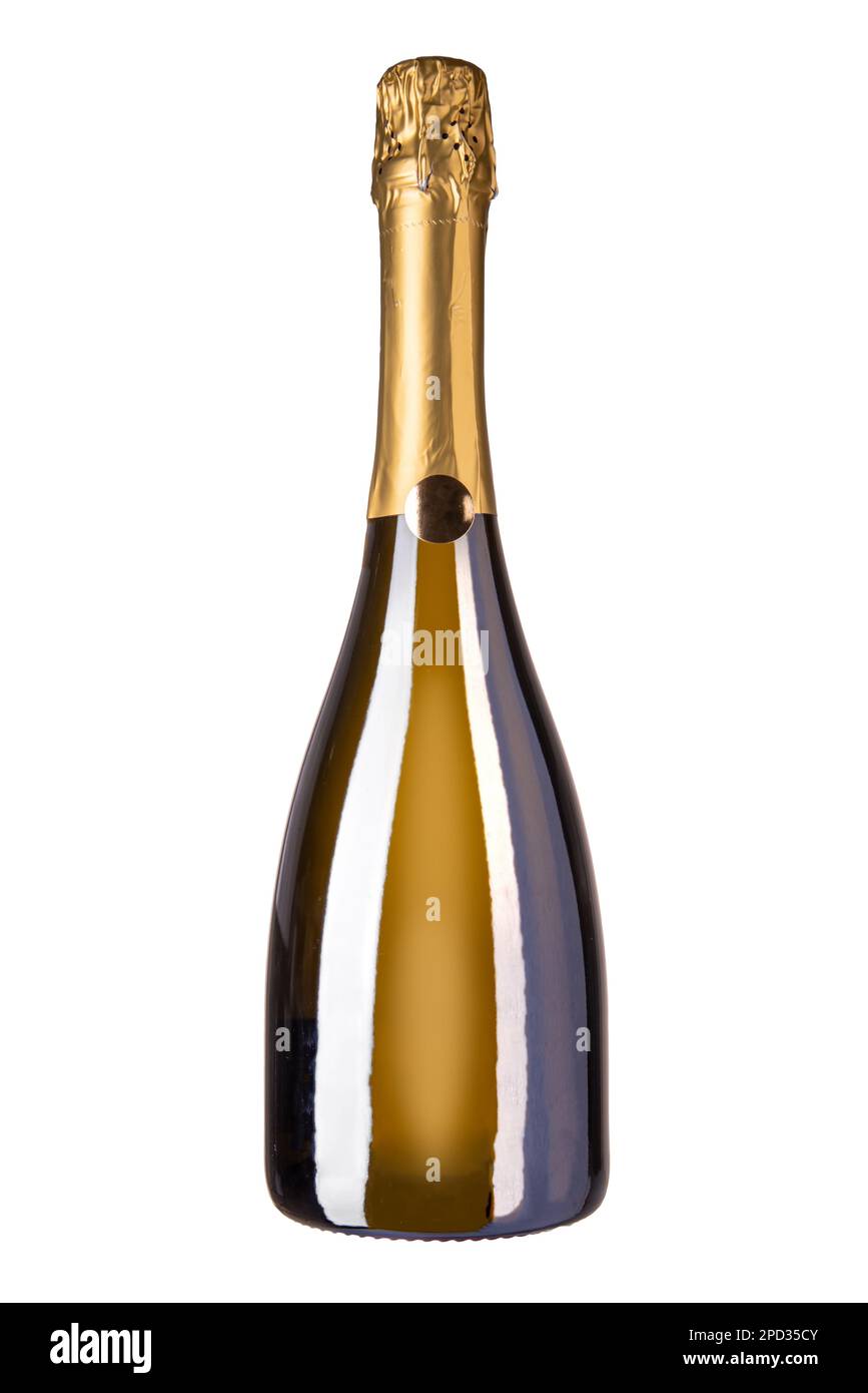 Bottiglia di vino frizzante, bottiglia di champagne con cuvee isolata sul bianco con percorso di ritaglio incluso Foto Stock
