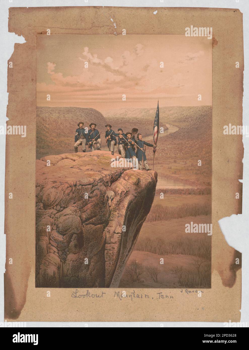 Lookout Mountain, Tenn / J. Queen.. Collezione Marian S. Carson presso la Biblioteca del Congresso. Stati Uniti, Storia, Guerra civile, 1861-1865, personale militare, Union, Tennessee, Lookout Mountain, Flags, americano, 1860-1870, Soldiers, Union, Tennessee, Lookout Mountain, 1860-1870. Foto Stock