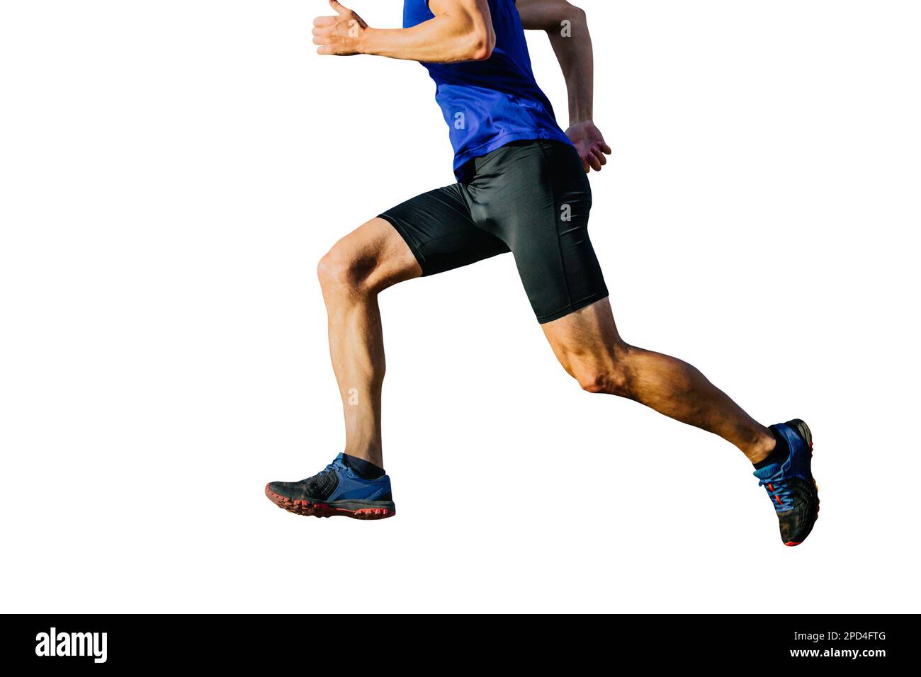 atleta runner in camicia blu e collant neri in salita, silhouette tagliata su sfondo bianco, foto sportive Foto Stock