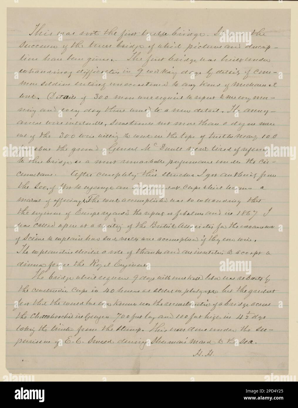 Ponte ferroviario militare sul Potomac Creek. Aquia Creek e Fredericksburg Railroad. Costruito da U.S.M.R.R. Corpo di costruzione in 40 ore. Include testo manoscritto che descrive la costruzione del ponte, firmato 'H.H.', titolo dalla voce, n. 268. Ponti ferroviari, Virginia, 1860-1870, Stati Uniti, Storia, Guerra civile, 1861-1865, Trasporti. Foto Stock