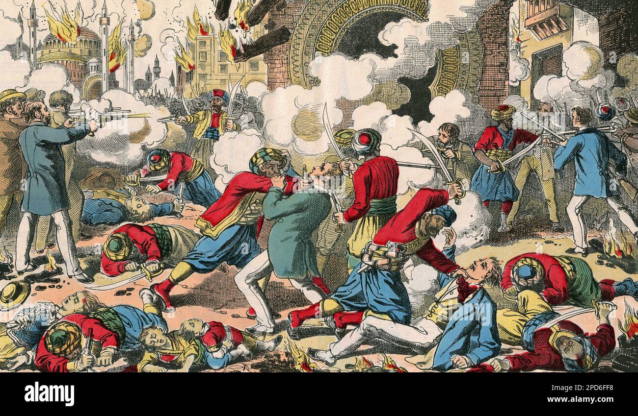 En 1882, le colonel Arabi Pacha organizzare le massacre des Europeens d'Alexandrie en repaille de l'occupazione francaise et anglaise. Imagerie d'Epinal, 19e siecle. Foto Stock