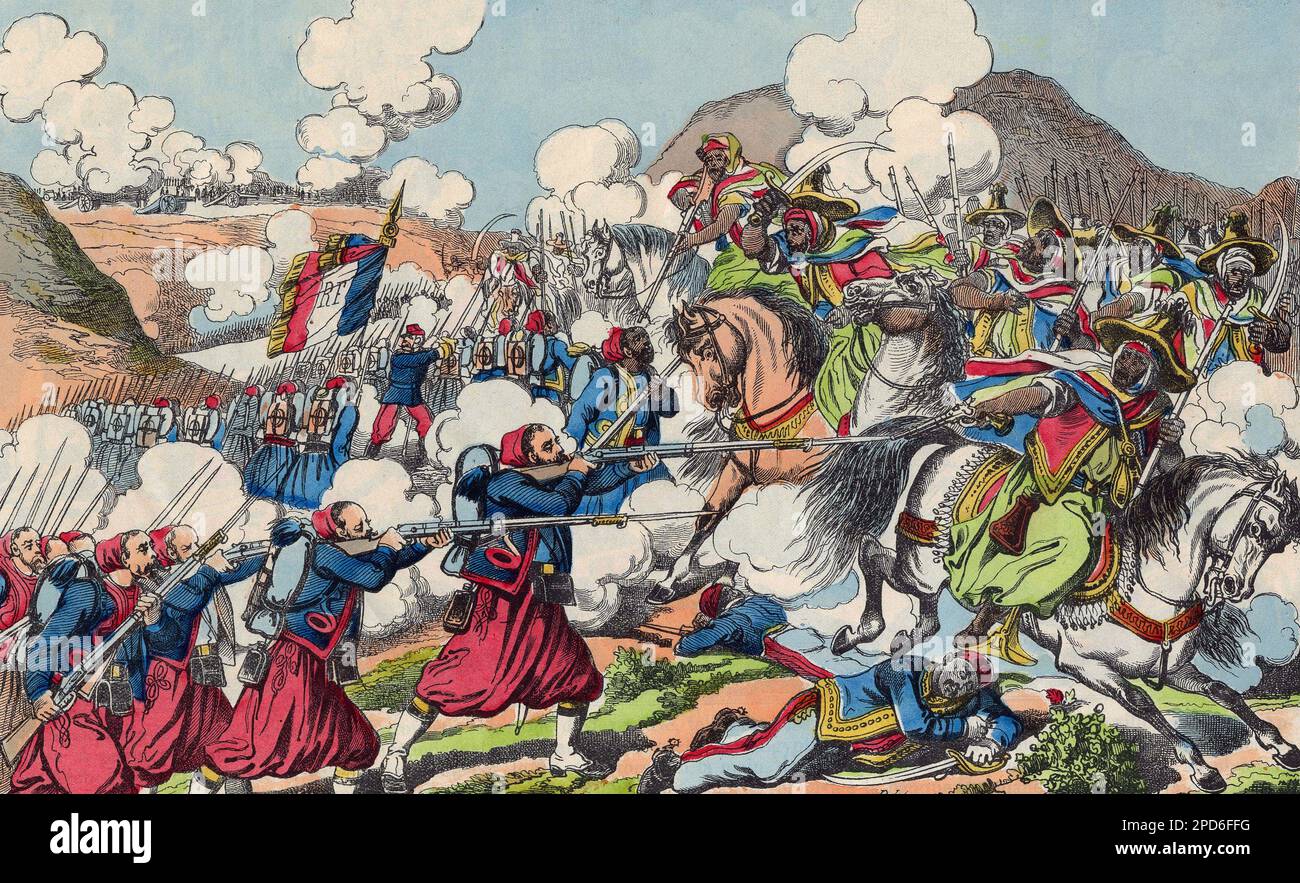 Combat du Djebbel Haddedah (Djebbel-Haddedah), le 26 avril 1881 lors de la conquista de l'Algerie par l'Armee Francaise. Imagerie d'Epinal, 19e siecle. Foto Stock