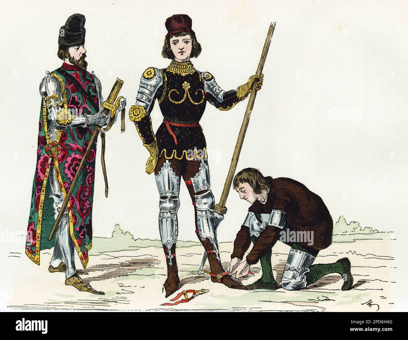 Costumes de price, de son ecuyer et de son valet, au XVeme siecle. Gravure en couleurs , in 'la France et les francais a travers les siecles' par Augustin Challamel, Parigi 1882. Foto Stock