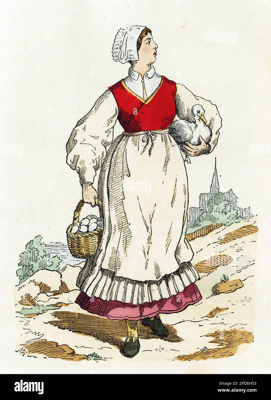 Costume de paysanne au XVeme siecle. Gravure en couleurs d'apres Chevignard, in 'la France et les francais a travers les siecles' par Augustin Challamel, Parigi 1882. Foto Stock