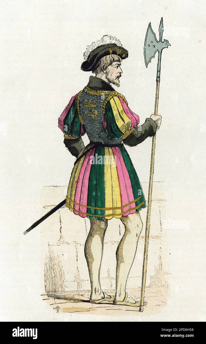 Costume des garde du Corps de Francois Ier 1494-1547.gravure en couleurs d'apres un dessin de Gaignieres, in 'la France et les francais a travers les siecles' par Augustin Challamel, parigi 1882. Raccolta . Foto Stock