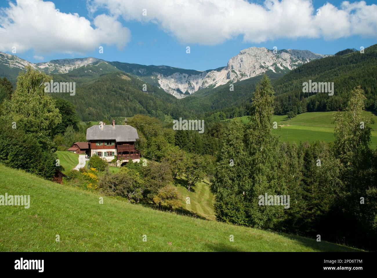 Vista del Rieglhof, Villa Doderer a Prein con Rax alp sullo sfondo, bassa Austria, Austria Foto Stock