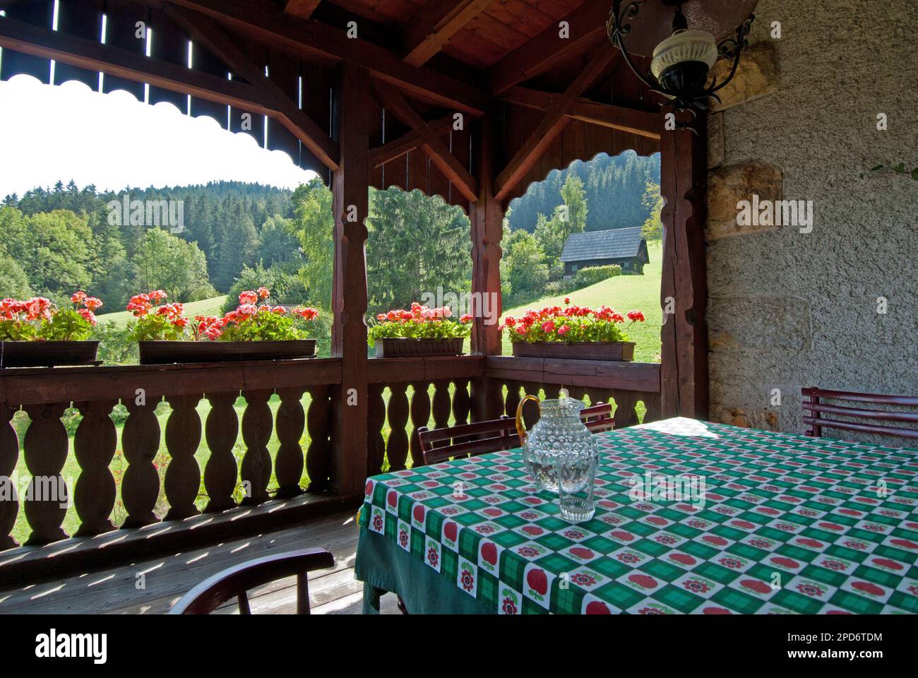 Particolare del balcone in legno a Rieglhof, Villa Doderer con brocca e fiori a Prein, Semmering, bassa Austria, Austria Foto Stock