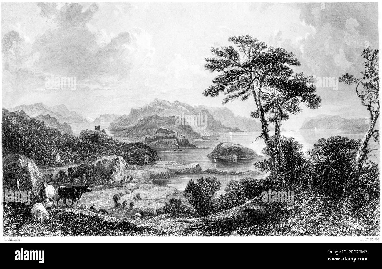 Un'incisione di Loch Linnhe guardando verso sud, Argyllshire, Scozia UK scansionata ad alta risoluzione da un libro stampato nel 1840. Si crede che questa immagine Foto Stock