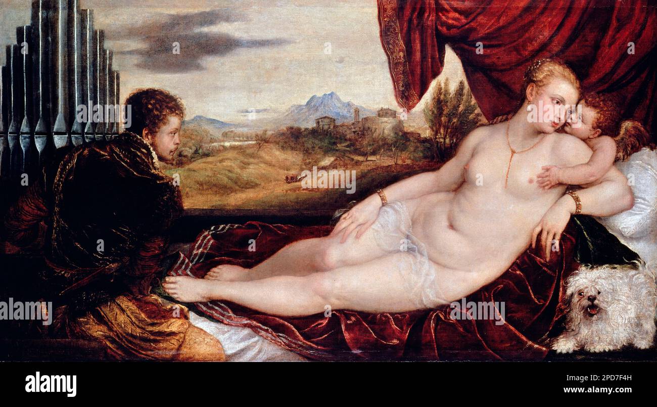 Tiziano. Venere e Organ Player di Tiziano Vecellio (1490-1576), olio su tela, c. 1550 Foto Stock