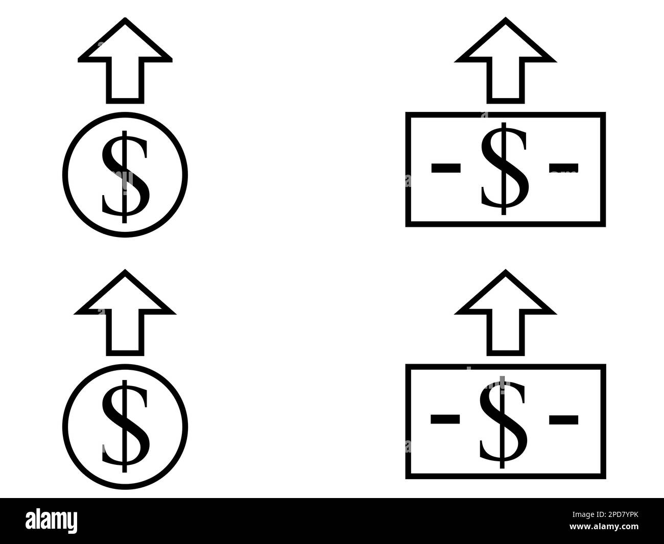Icone di inflazione con dollaro isolato su sfondo bianco. Illustrazione dell'icona di gonfiaggio. Simbolo di gonfiaggio Foto Stock