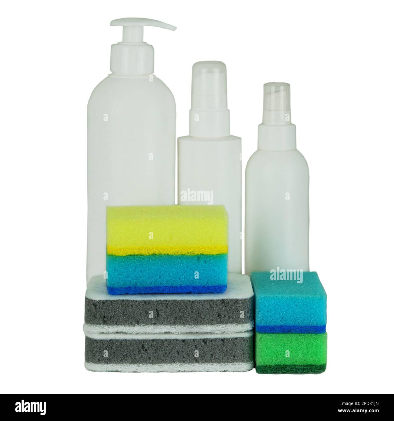 Detergenti spray. Сleaning accessori. Impilare le spugne e il flacone di pulizia con una pulizia. Concetto di servizio. Foto Stock