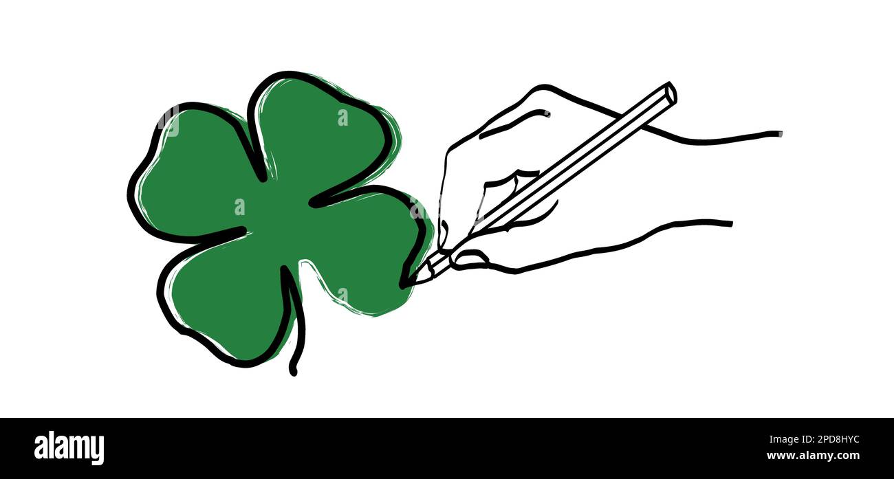 Clovers lasciare, fiore. Quattro foglie di trifoglio. Amore giorno fortunato. Icona vettoriale, sfondo irlandese shamrock. Buon giorno di San Patrizio o patte del giorno di San Paddy Foto Stock