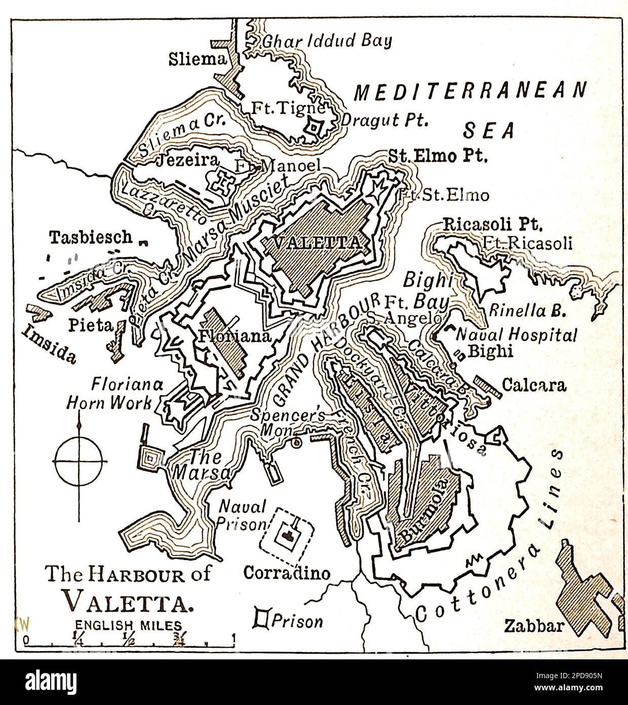 Una mappa del 19th ° secolo del porto di Valletta (Malta) e dintorni. --- Mappa tas-seklu 19 tal-Port ta' Valletta (Malta) u l-dintorni. --- Foto Stock