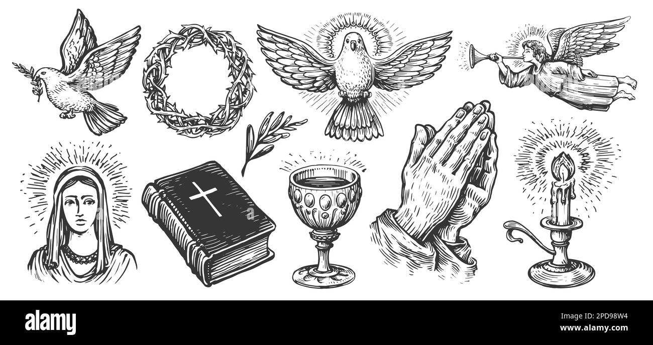 Fede in Dio, concetto. Collezione di simboli biblici disegnati a mano in stile di incisione vintage. Illustrazione dello schizzo Foto Stock
