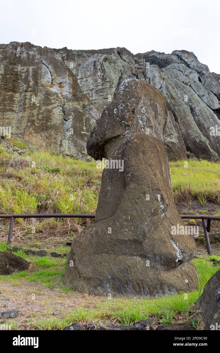 Vista laterale della statua di Moai Tukuturi a Rano Raraku sull'isola di Pasqua (Rapa Nui), Cile. Tukuturi Moai è un moai inginocchiato. Foto Stock