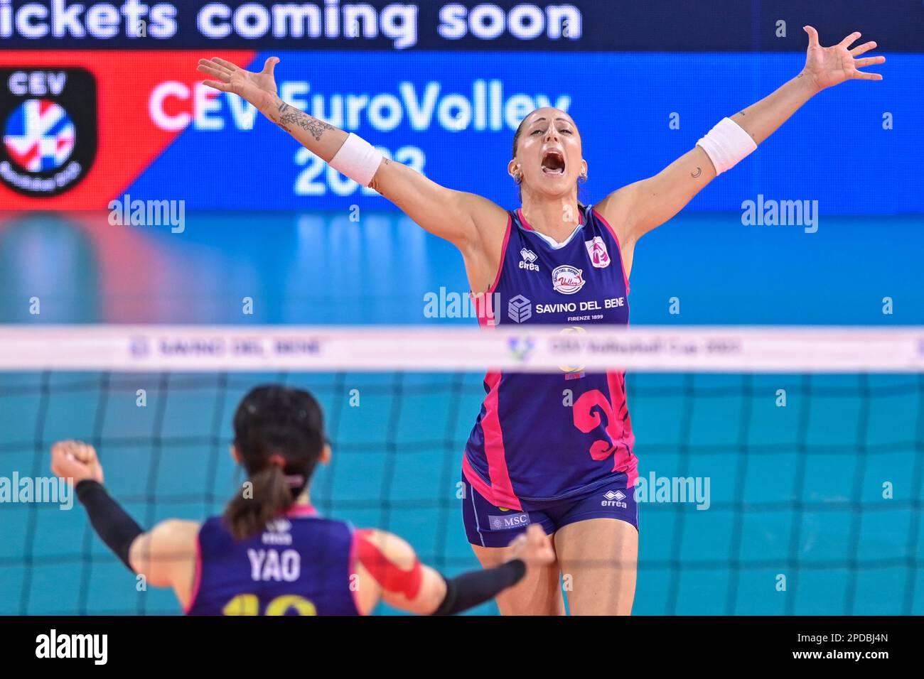 Pala Wanny, Firenze, Italia, 14 marzo 2023, Enrica Merlo (Savino del bene Scandicci) festeggia durante la Semifinale - Savino del bene Scandicci vs THY Istanbul - Volley CEV Cup Women Championship Foto Stock