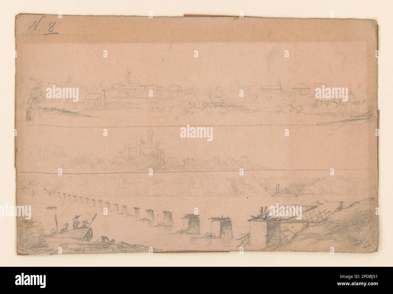 Vista nord-est di Firenze, Alabama, 22 giugno 1862. Fa parte della Collezione americana della Guerra civile Adolph Metzner presso la Library of Congress, Purchase; E. Burns Apfeld; 2014; (DLC/PP-2014:188), Sangue versato in questa guerra: Guerra civile illustrazioni del capitano Adolph Metzner, 32nd Indiana / Michael A. Peake. Indianapolis : Indiana Historical Society Press, 2010, pag. 114. Waterfront, Alabama, Firenze, 1860-1870, strutture educative, Alabama, Florence, 1860-1870, Pilings (ingegneria civile), Alabama, Florence, 1860-1870, Stati Uniti, Storia, Guerra civile, 1861-1865, Alabama, Florence, Stati Uniti Foto Stock